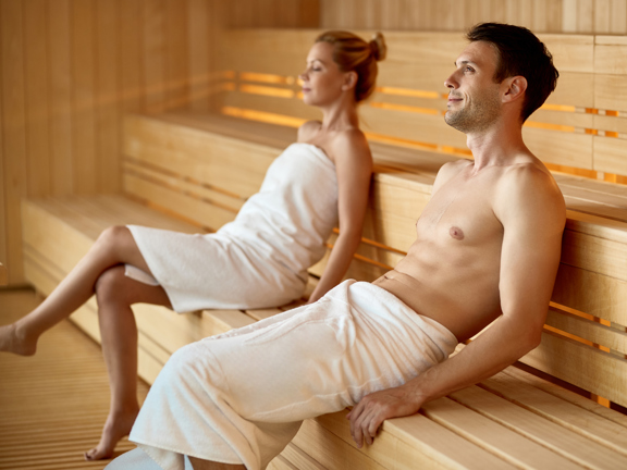 Serene Couple Relaxing Sauna While Spending Their Weekend Health Spa Focus Is Man
