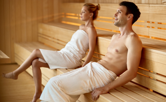 Serene Couple Relaxing Sauna While Spending Their Weekend Health Spa Focus Is Man